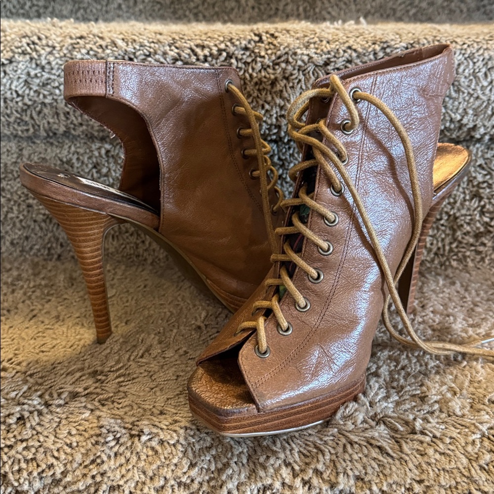 Brown Peep Toe Lace-Up Heels